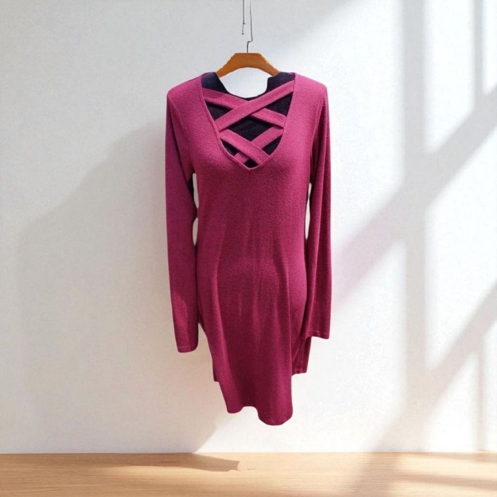 Bobbie Brooks Ladies Wine Long Sleeve Pullover Criss cross Knit Dress Sz Med